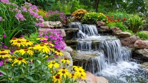 Cascade waterfall with stones and flowers at backyard, water in landscaped home garden, beautiful landscaping in summer. Concept of nature, background, design, travel