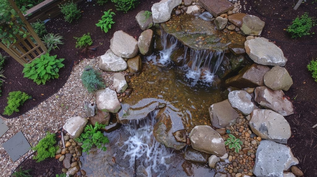 Pondless waterfall installation in a serene backyard garden setting